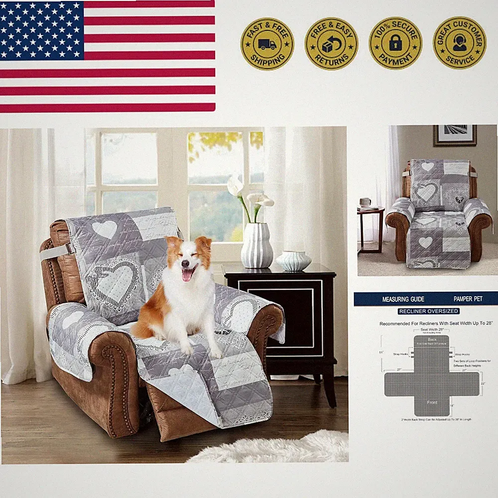 Grey Heart Love Patchwork Quilted Large Recliner Slipcover, 28" Seat Width, S...
