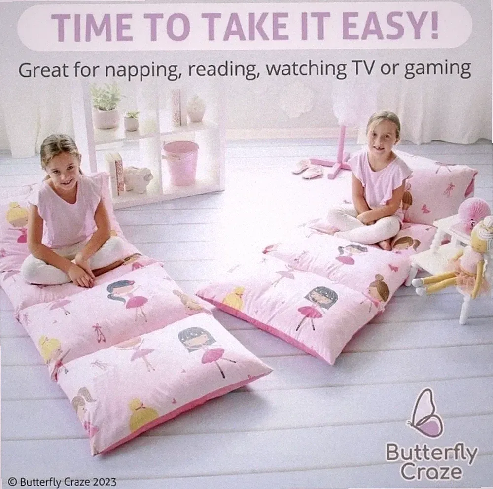 New! Butterfly Craze Floor Pillow Bed Lounger Cover, Ballerina / Heart Pink